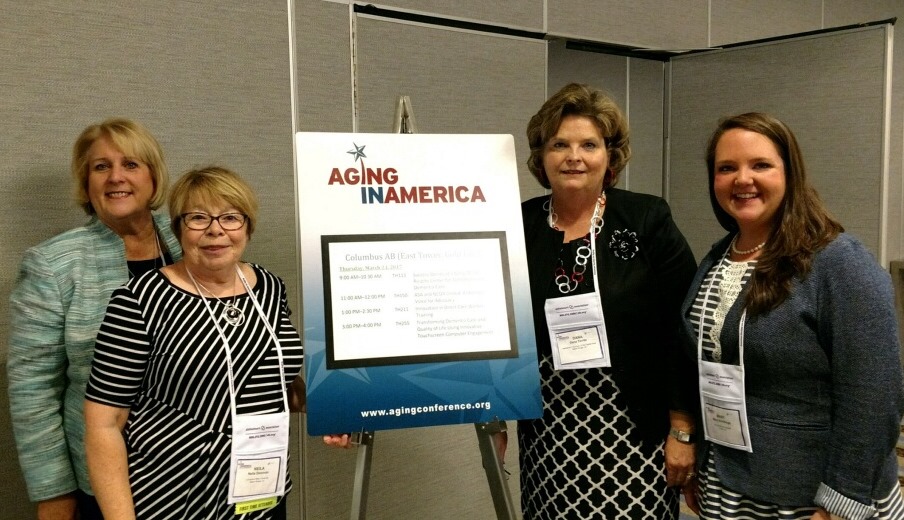 Caption: Presenting at the Aging in America 2017 National Conference in Chicago on March 23rd are: Barbara Auten, Executive Director, Alzheimer’s Services of the Capital Area; Dr. Neila Donovan, LSU Speech and Communications Disorders Department; (right back): Dana Territo, Director of Services, Alzheimer’s Services of the Capital Area; and Katherine Schillings, Social Worker, Hood Memorial Hospital, Amite, LA.